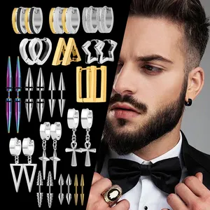 316 thép không gỉ hai giai điệu Huggie Hoop Bông tai hình tam giác bạc chéo dangle Bông tai - Product Image 1