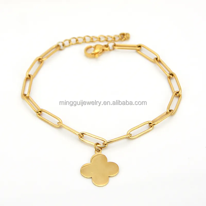 Fashion 14K Gold Plated Stainless Steel bracelet with Four Leaf Clover charm for women jewelry