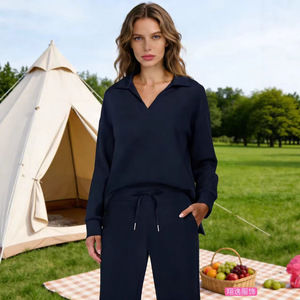 Lässiger Strickanzug 2026 Frühling Herbst Mode Freizeit Sportanzug 2-teilig Langarm V-Ausschnitt Sweatshirt Weites Bein Locker Einfarbig - Product Image 4