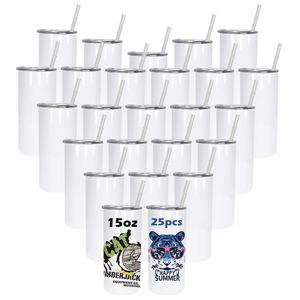 RTS USA en Stock, 25 unidades/caja, Vaso Recto de Acero Inoxidable de 15oz para Sublimación con Pajita de Plástico, Caja Blanca Contemporánea para Regreso a Clases - Product Image 1