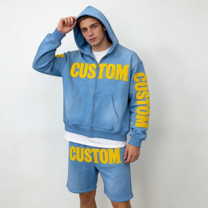 <span class=keywords><strong>Tuta</strong></span> Casual da Uomo alla Moda con Felpa con Cappuccio e Zip Oversize in Pile Azzurro e Pantaloncini con Ricamo Personalizzato Giallo - Product Image 2