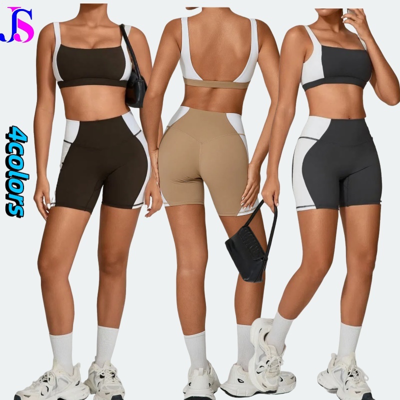 JINSI 2pcs Color Matching Yoga Suit Bra + Sports Shorts Sports Suit Medium-strength Quick-drying Fitness Clothes