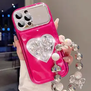 Hübsche Glas kamera bling Diamant halter Lanyard Kette Smart Cell Shell Handy hülle Abdeckung für iPhone 15 14 13 12 11
