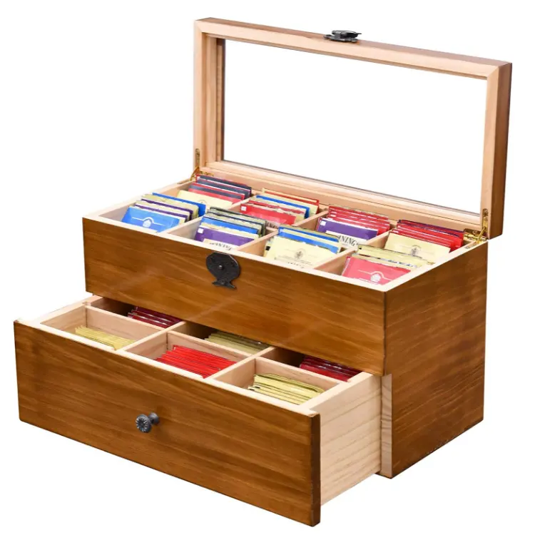 Neues Design 2 Schicht 14 Fächer Organizer Halter Acryl deckel Teebeutel Box Holz Aufbewahrung verpackung Box mit klarem Deckel