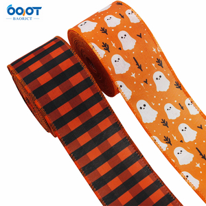 Pita Halloween Berpinggir Kawat dengan Motif Hantu Lucu, Oranye Hitam, Motif Kotak-kotak Buffalo untuk Karangan Bunga, Gantungan Pintu, Pembungkus Kado, Pesta - Product Image 1
