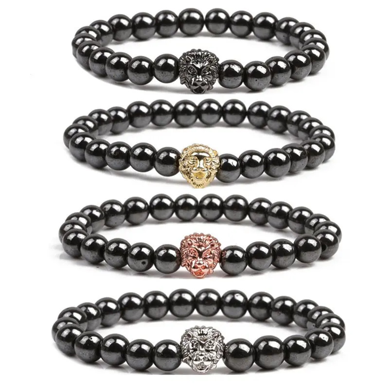 Venda quente Na Moda Pedra Hematita Beads CZ Coroa Imperial Pulseira Elástica CZ Spacer Contas Coluna 8 milímetros Hematita Pulseira para homens