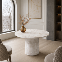 Table à manger ronde moderne en travertin blanc naturel finition mate, piédestal cylindrique, 4 places, mobilier de maison personnalisable