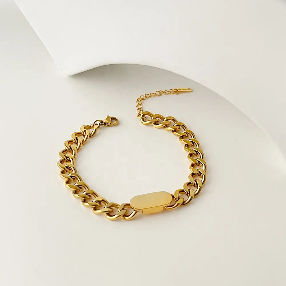 B0098-pulsera de acero inoxidable chapada en oro de 18k para mujer, brazaletes de cadena cubanos de calle, joyería minimalista