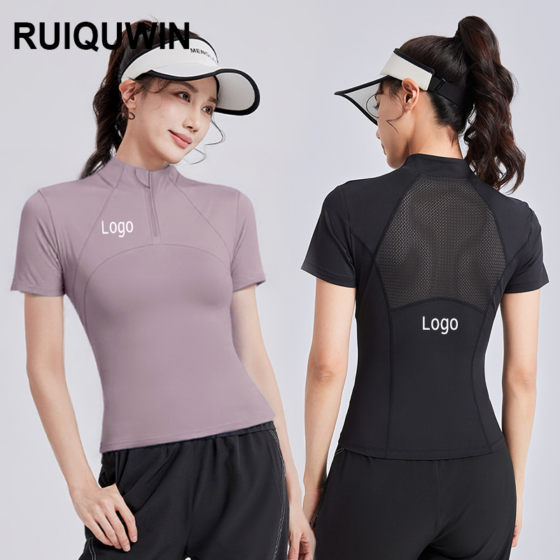 RUIQUWIN Wholesale 2025 Women's Mesh Yoga Top High Stretch Fitness Running Short Sleeve Half Zip Tight Workout Sports Shirt