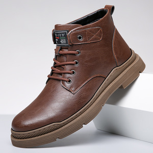 Bottes Martin pour hommes, hauteur cheville, bout rond, talon plat, doublure en peluche, semelle extérieure en caoutchouc antidérapante, couleur unie, décorées de rivets, hiver - Product Image 1