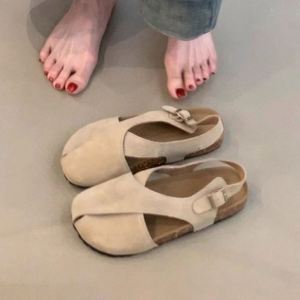 New Soft Leather <b>Sandals</b> Ladies Retro Brightening Cross Strap One Buckle Round Toe Nubuck Leather <b>Flat</b> Shoes - Product Image 2