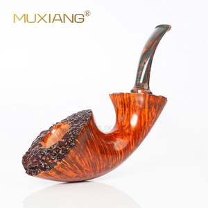 Muxiang Wooden Tobacco Pipe Bent Shape Briar Wood With Burl Bark Handmade Solid Wood Filter Traditional Design - Product Image 1