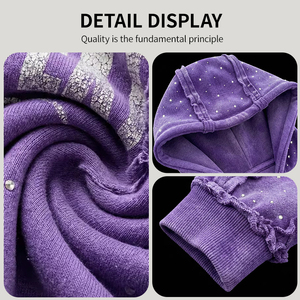 Sweat à capuche zippé en coton épais 100 % écologique pour homme, style streetwear oversize en molleton bouclette avec strass et patchwork, coupe carrée, OEM - Product Image 5