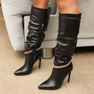 Botas Largas de Mujer hasta la Pantorrilla, con Punta Puntiaguda, Tacón Alto y Delgado, Cadena Negra, Botas Altas hasta la Rodilla, Nueva Moda, Talla Grande 43 - Product Image 1