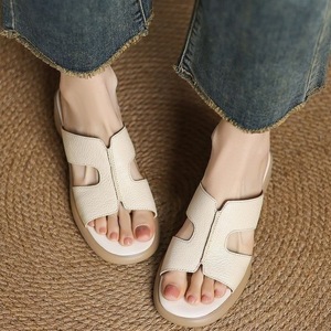 Foreign Trade Women's Open <b>Toe</b> Chunky <b>Heel</b> Mid <b>Heel</b> Thick Sole Slip-On Sandals Cowhide Leather Polyurethane Outsole Outdoor - Product Image 2