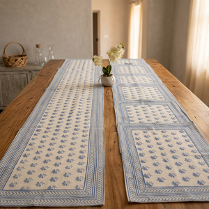 Juego de Camino de Mesa y Tapete Clásico Azul con Diseño de Plantas |   7 Piezas de Tela 100% Algodón Canvas Tejida a Mano para Uso Doméstico y de Comedor - Product Image 2