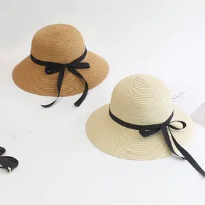 โบว์ริบบิ้นสีดำสำหรับฤดูร้อนหมวกสำหรับใส่ในอ่างหมวกฟางกันแดดพับได้สำหรับป้องกันแสงแดด