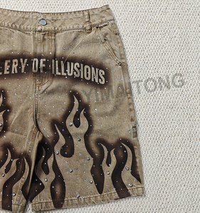 Custom 2025 New <b>Short</b> Pants Jorts Streetwear <b>High</b> <b>Waist</b> Vintage Stone Wash Rhinestone Baggy Oversized Mens Denim <b>Jeans</b> <b>Shorts</b> - Product Image 5