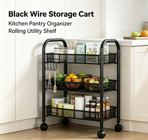 Iron Modern Black Utility Cart 3-Tier Rolling Storage Rack with Removable <b>Baskets</b> for Kitchen Fruit and <b>Vegetable</b> Display - Product Image 3