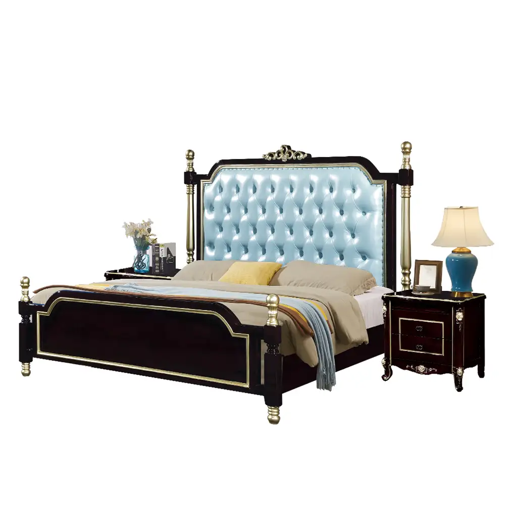 प्राचीन लक्जरी शाही बिस्तर फ्रेंच रोकोको लकड़ी के राजा आकार बिस्तर हाथ नक्काशीदार डिजाइन बिस्तर