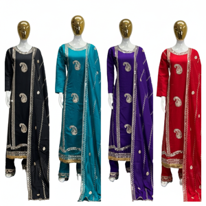 นักออกแบบล่าสุดชุดทํางานผ้าไหมโรมันหนักลําดับเย็บปักถักร้อย SALWAR - Product Image 1