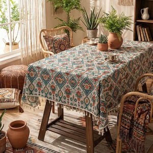 Nappe rectangulaire imprimée florale style bohème vintage, décoration ethnique pour la maison, housse de table anti-poussière lavable pour cuisine et salle à manger - Product Image 1