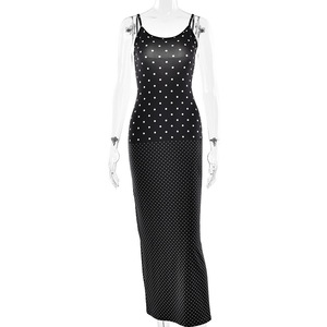 Robe longue à pois de style européen et américain, robe de soirée pour femme, col halter, sans manches, moulante, coupe ajustée - Product Image 5