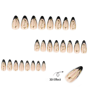 LEFAN <span class=keywords><strong>Faux</strong></span> <span class=keywords><strong>Ongles</strong></span> de Luxe 3D Chrome Doré à Presser, Forme Amande, French Noir, Réutilisables, Motif Spirale Métallique, Vente en Gros, 24 Pièces, Longueur Moyenne - Product Image 2