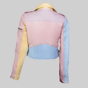 เสื้อแจ็คเก็ตหนังเทียมทรงครอปสีพาสเทลรุ้งสำหรับผู้หญิง ระบายอากาศได้ดี ปิดด้วยซิป ดีไซน์ทันสมัย เสื้อคลุมตัวสั้นสำหรับฤดูหนาว สวมใส่สบายๆ - Product Image 4