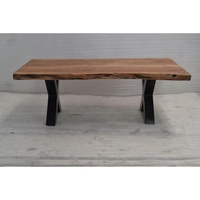 Table basse moderne vintage en bois massif avec bord naturel, pieds en métal industriels en X, pliable, pour la maison, l'hôtel, le salon