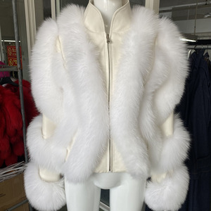 Designer Striped Fox Fur Decor Sheepskin Jacket <strong>Women</strong> Stand Collar Cropped Luxury Genuine Leather Autumn Coat - Product Image 5