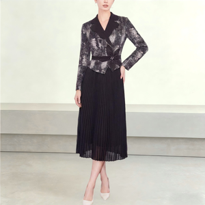 Damen Jacquard <span class=keywords><strong>Blazer</strong></span> Midikleid Langarm Strass-Taille Miyake Plissiertes Kleid Büro Formelles Abendkleid Luxus-Kleid OEM Maßanfertigung - Product Image 1