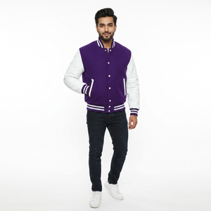 Wholesale OEM Custom Purple Polyester/Cotton Body <b>White</b> Sleeve Lettermen Varsity <b>Jacket</b> <b>Men</b> Plus Sizes Breathable Chenille - Product Image 1