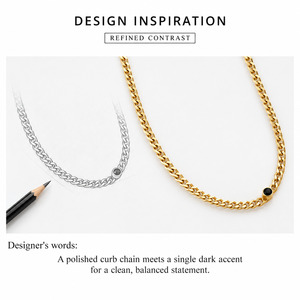 Gold Curb Chain Necklace Stainless Steel 14K Gold Vacuum Plated <b>Black</b> Zircon Accent 40+5cm - Product Image 3