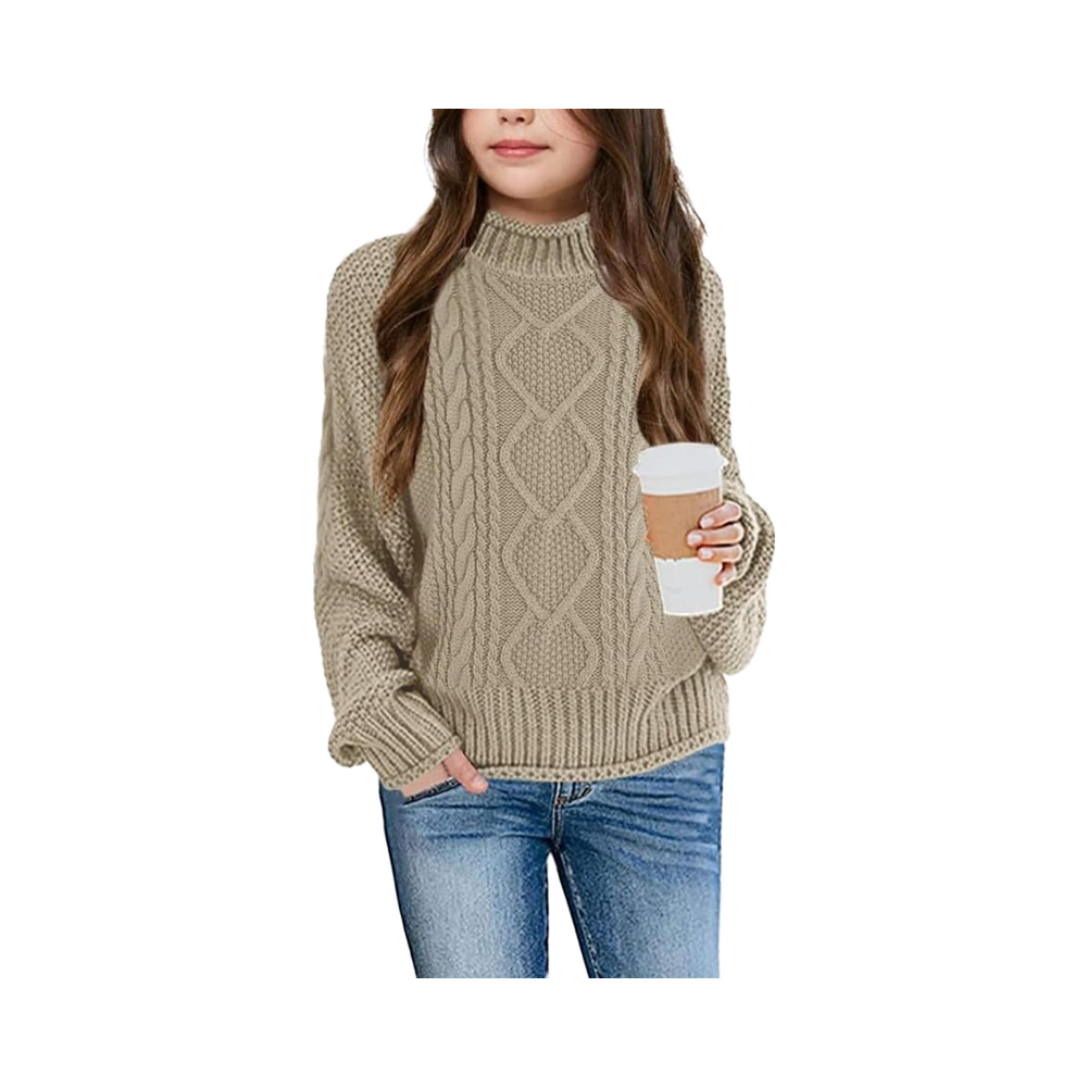 Girls' Turtleneck Sweater with Batwing Sleeve Long Cotton Knit Cardigan Chunky Pullover Jumper Wool-Kids Top for Winter