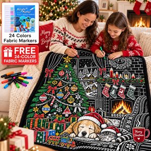 Couverture de Noël personnalisable à colorier, en peluche rectangulaire, décoration DIY pour la maison avec 24 marqueurs de tissu colorés pour la saison hivernale - Product Image 1