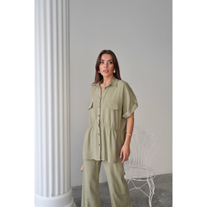 Conjunto de 2 Piezas de Lino Verde, Top Informal Sólido y Pantalones con Cintura Ajustable con Cordón, Corte Ajustado para Atuendos de Verano - Product Image 2
