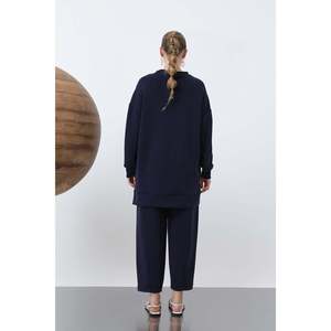 Ensemble pantalon et veste pour femme Puane, élégant, avec fermeture éclair sur le devant, en jacquard - Tenue moderne en deux pièces pour les occasions spéciales, bleu marine - Product Image 4