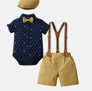 Nouvel <span class=keywords><strong>ensemble</strong></span> trois pièces MQATZ : salopette avec chapeau, costume d'été à manches courtes pour bébés garçons, style britannique - Product Image 4