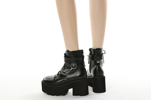 New Arrival High Heel Girls Ankle Booties Black PU Leather <strong>Boots</strong> Metal <strong>Chain</strong> 8 cm Thick Soles Cosplay Women Shoes - Product Image 3
