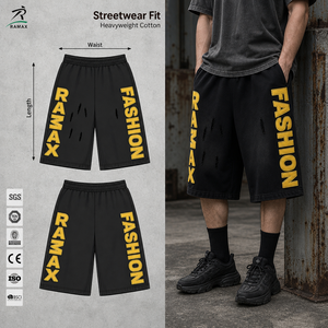 Shorts Bermuda Homme RAMAX Streetwear en Coton Épais avec Taille Élastique, Imprimé Lettres Tendance, Noir Respirant, Décontracté - Product Image 1