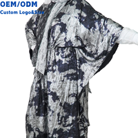 Robe longue de soirée pour femmes musulmanes, spéciale Eid, imprimé tie-dye noir et argent, taille froncée, abaya