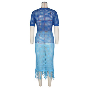 Vestido Largo de Verano para Mujer, Manga Corta, Tejido con Flecos, Transparente, Elástico, Cintura Elástica, Spandex/Poliéster, Novedad 2024 - Product Image 6
