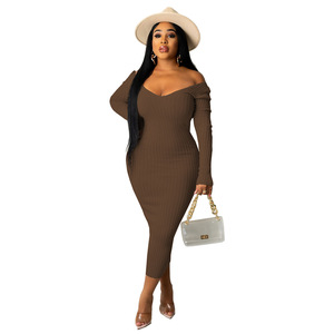 Abito da donna con scollo a v e scollo a v sottile di grande vendita 2023 abito maglione <span class=keywords><strong>bianco</strong></span> a coste a <span class=keywords><strong>maniche</strong></span> <span class=keywords><strong>lunghe</strong></span> autunno - Product Image 4
