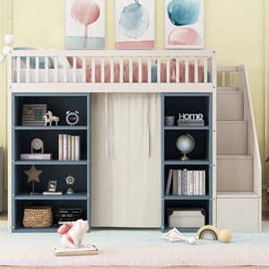 Lit mezzanine pour enfants avec étagères de rangement et escalier, couleur blanc et bleu, meubles de chambre pour enfants - Product Image 3