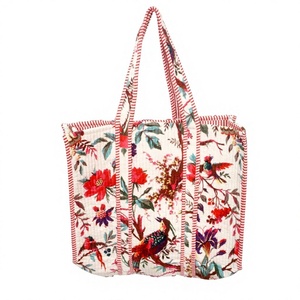 Indian Handmade Floral <b>Printed</b> Velvet Quilted Tote Bag for Women <b>Large</b> Beach & Exhibition Use - Product Image 1