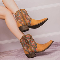 Sepatu Bot Kulit Sapi Wanita Model Western, Sepatu Bot Cowboy Setengah Tinggi dengan Ritsleting, Nyaman dan Fleksibel, Hak Cowboy, Gaya Country