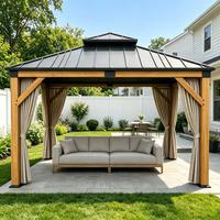 Gazebo en bois de cèdre massif avec toit rigide et rideaux d'intimité, pavillon en bois résistant aux intempéries pour patio et jardin