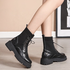 Botines de Mujer para Otoño e Invierno, con Cierre de Cordones, de Cuero Negro, Suela Gruesa y Punta Redonda, Elásticos y a la Moda - Product Image 2