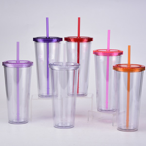 Vaso <span class=keywords><strong>de</strong></span> plástico acrílico transparente <span class=keywords><strong>de</strong></span> doble pared, vaso <span class=keywords><strong>de</strong></span> bebidas <span class=keywords><strong>de</strong></span> 16oz y 24oz con paja y tapa <span class=keywords><strong>de</strong></span> <span class=keywords><strong>vinilo</strong></span>, gran oferta - Product Image 2